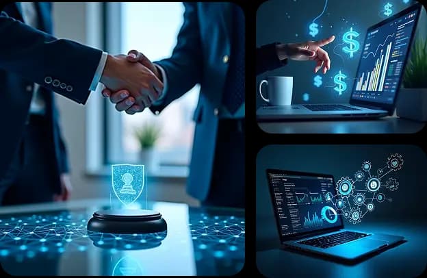 Team shaking hands displaying secure digital interfaces